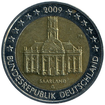 2-Euro-Münze aus Deutschland mit dem Jahr 2009 und dem Motiv des Saarlandes.