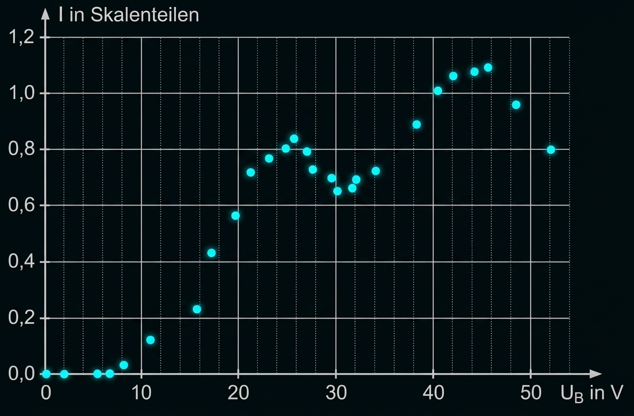 Streudiagramm mit Messpunkten zu I in Skalenteilen und U_B in V
