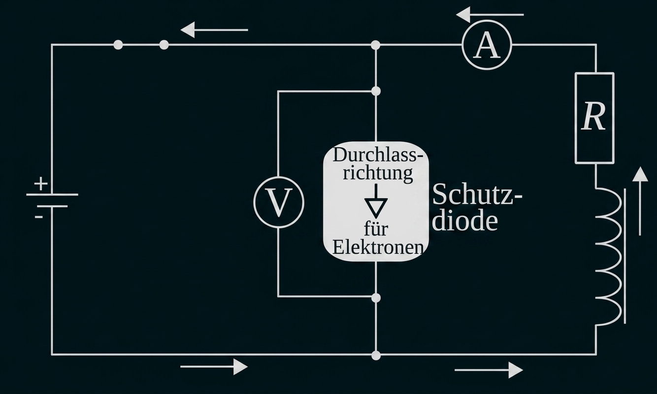 Schaltskizze mit Schutzdiode, Widerstand, Spule und Messgeräten.