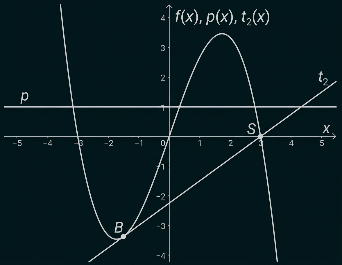 Koordinatensystem mit den Graphen von f(x), p(x) und der Tangente t₂(x) durch die Punkte B und S.