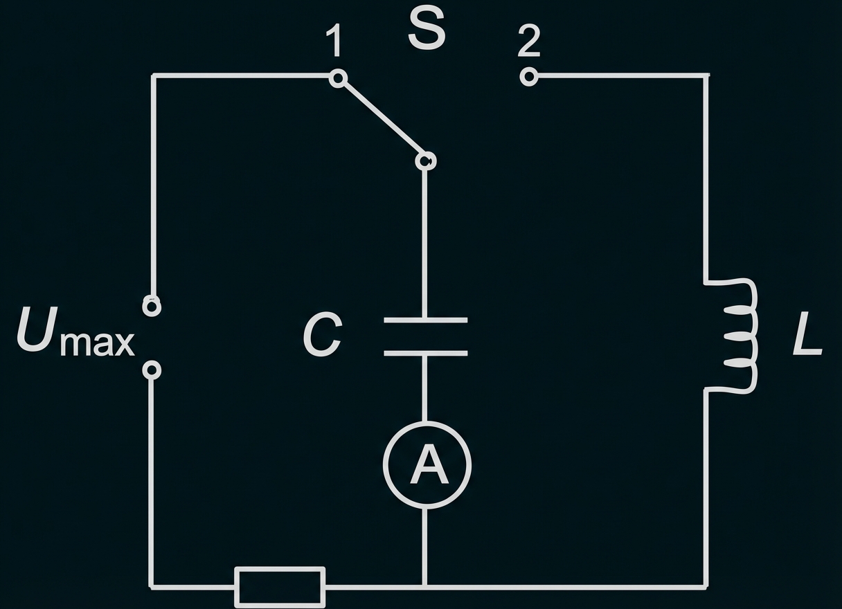 Schematische Schaltung mit Kondensator C, Spule L, Schalter S, Spannungsquelle Umax und Amperemeter A