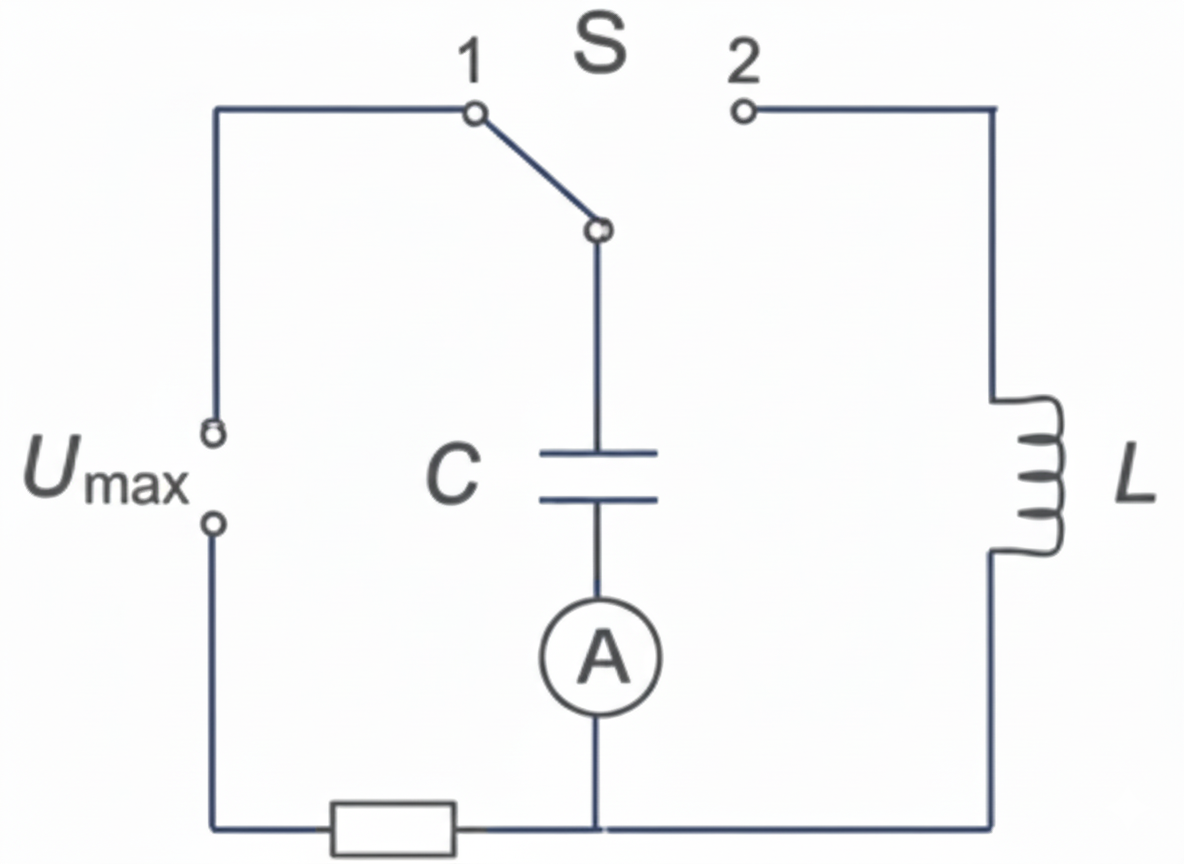 Schematische Schaltung mit Kondensator C, Spule L, Schalter S, Spannungsquelle Umax und Amperemeter A