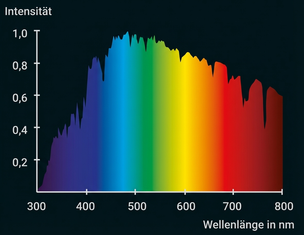 Spektralverteilung: Intensität über Wellenlänge 300–800 nm, farbiger Verlauf von Violett über Gelb bis Rot.