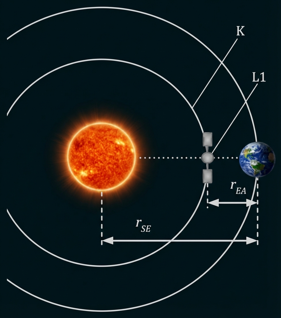 Schematische Grafik: Sonne links, Erde rechts, Satellit am Lagrange-Punkt L1 dazwischen.