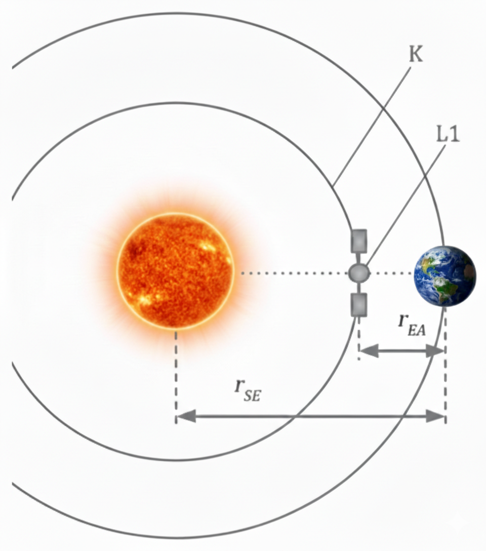 Schematische Grafik: Sonne links, Erde rechts, Satellit am Lagrange-Punkt L1 dazwischen.