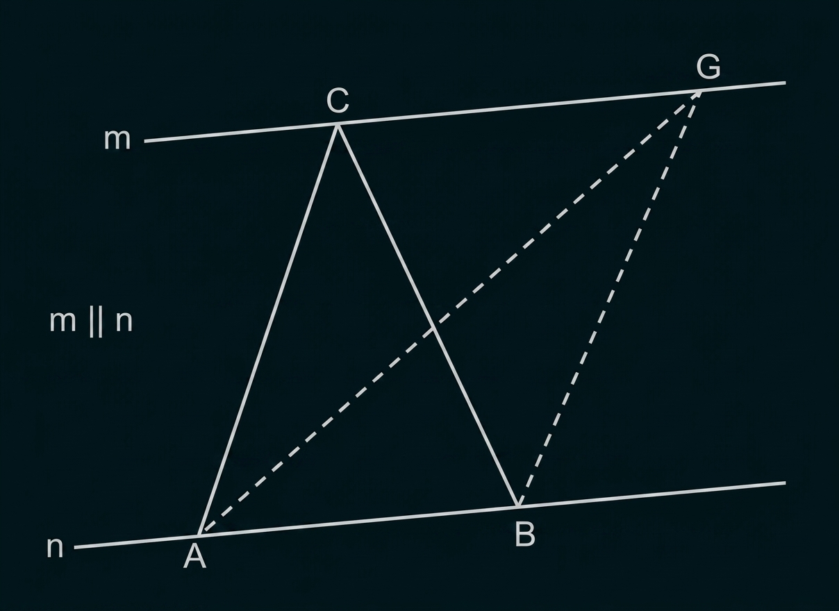 Zwei parallele Linien m und n, Dreieck A‑C‑B dazwischen, rechter Punkt G mit gestrichelten Verbindungen zu A und B