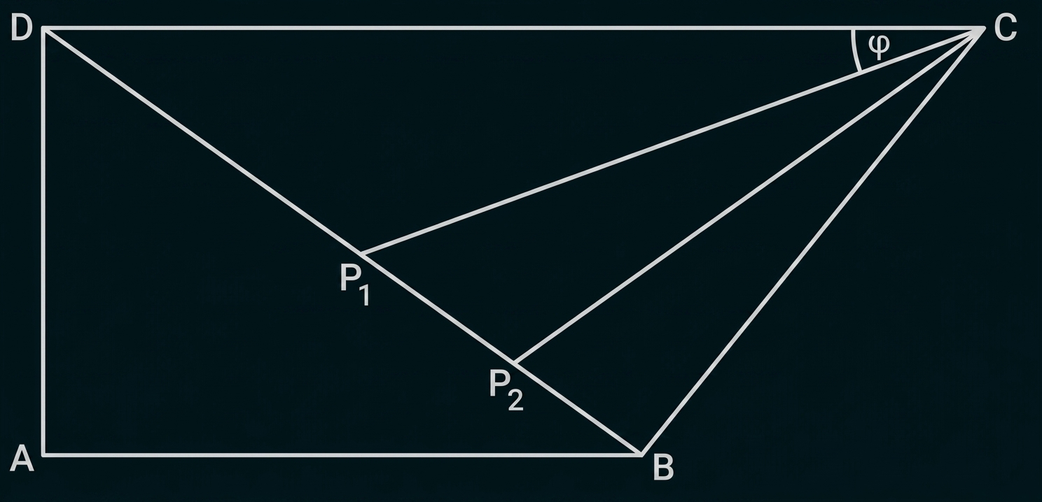 Rechteck ABCD mit Diagonale DB, zwei Linien von C schneiden DB in P1 und P2; Winkel φ an Punkt C.