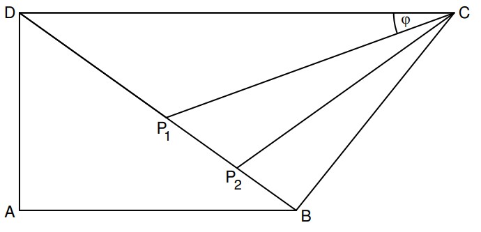 Rechteck ABCD mit Diagonale DB, zwei Linien von C schneiden DB in P1 und P2; Winkel φ an Punkt C.