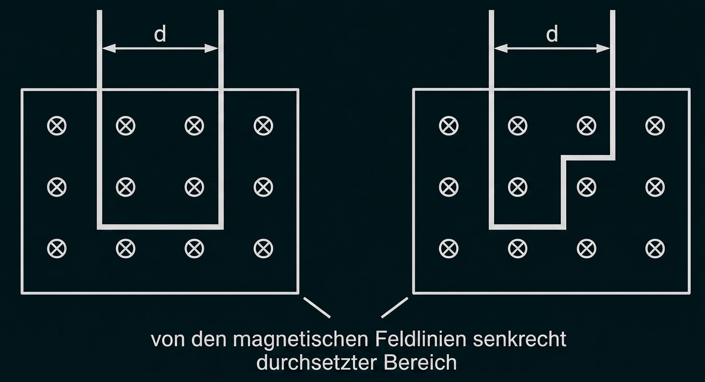 Diagramm zu magnetischen Feldlinien und senkrecht durchsetztem Bereich mit Abstand d