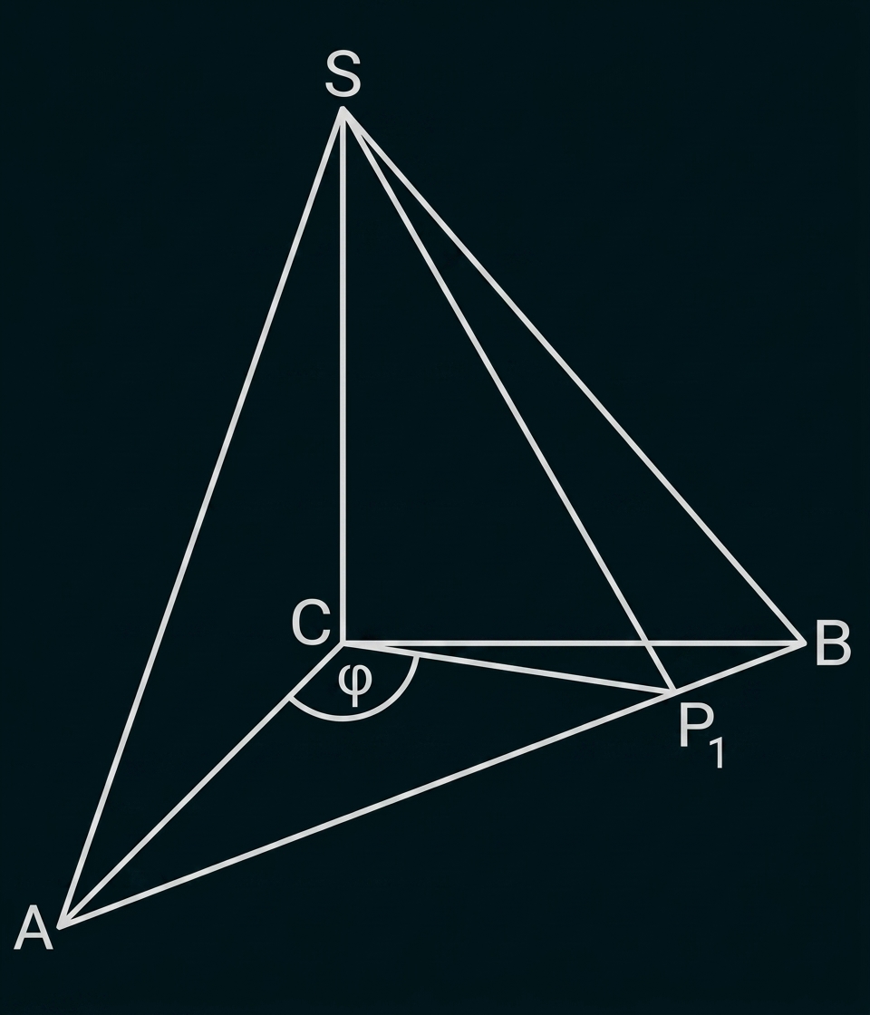Geometrische Skizze mit Punkten A, B, C, S und P1 sowie markiertem Winkel φ.