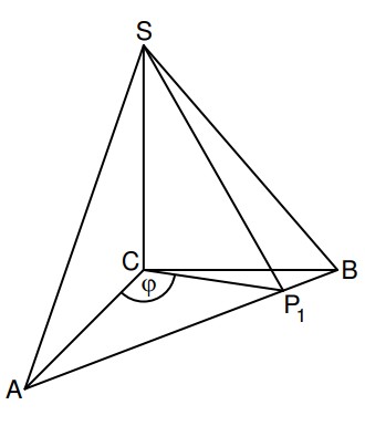Geometrische Skizze mit Punkten A, B, C, S und P1 sowie markiertem Winkel φ.