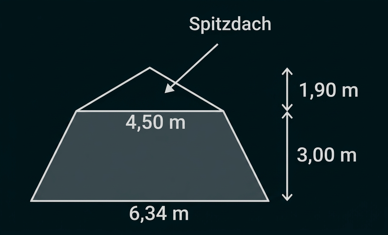 Skizze eines Spitzdachs mit Maßen von 4,50 m und 6,34 m Breite sowie 1,90 m und 3,00 m Höhe.