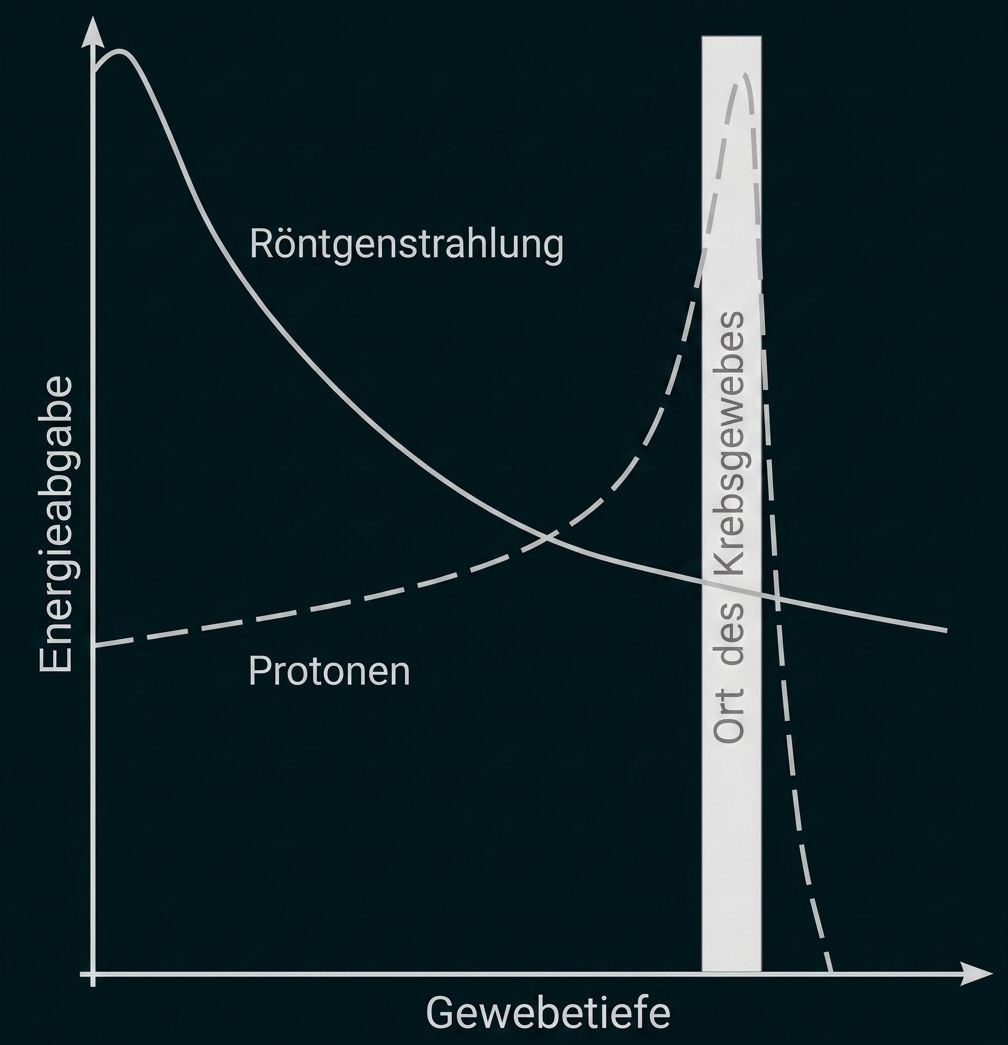 Diagramm zu Röntgenstrahlung und Protonen in Gewebetiefe, mit Krebsgewebe markiert