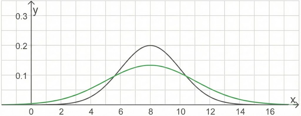 Gitterdiagramm mit zwei glockenförmigen Kurven (schwarz und grün), schwarzer Peak höher bei x≈8, x‑Achse bis ca.17, y bis 0,3