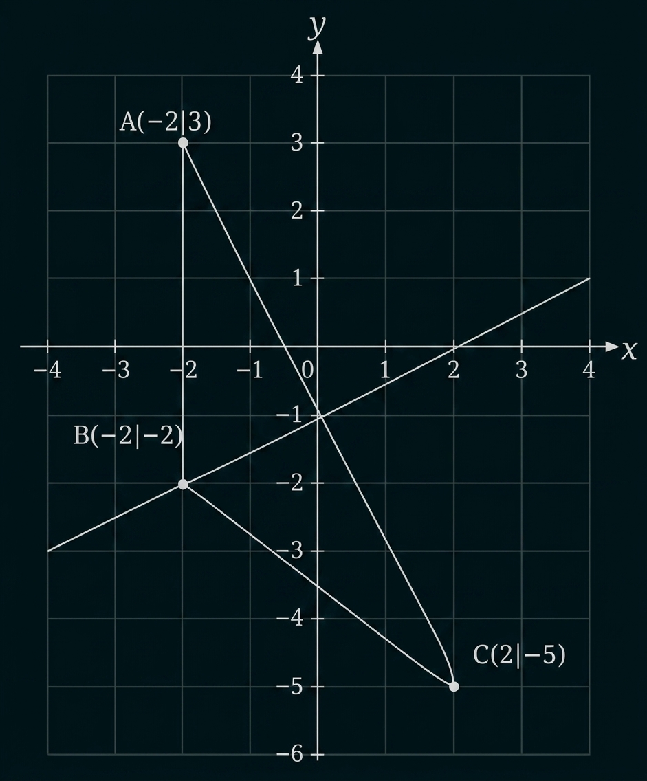 Koordinatensystem mit den Punkten A(-2|3), B(-2|-2) und C(2|-5) sowie verbundenen Linien.