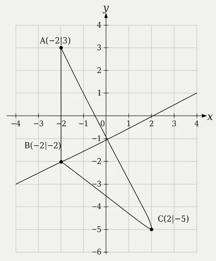 Koordinatensystem mit den Punkten A(-2|3), B(-2|-2) und C(2|-5) sowie verbundenen Linien.