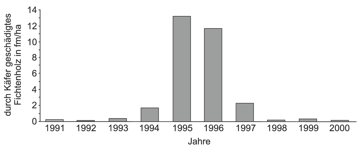 Balkendiagramm 1991–2000: Käferschäden an Fichten, deutliche Spitzen 1995 und 1996