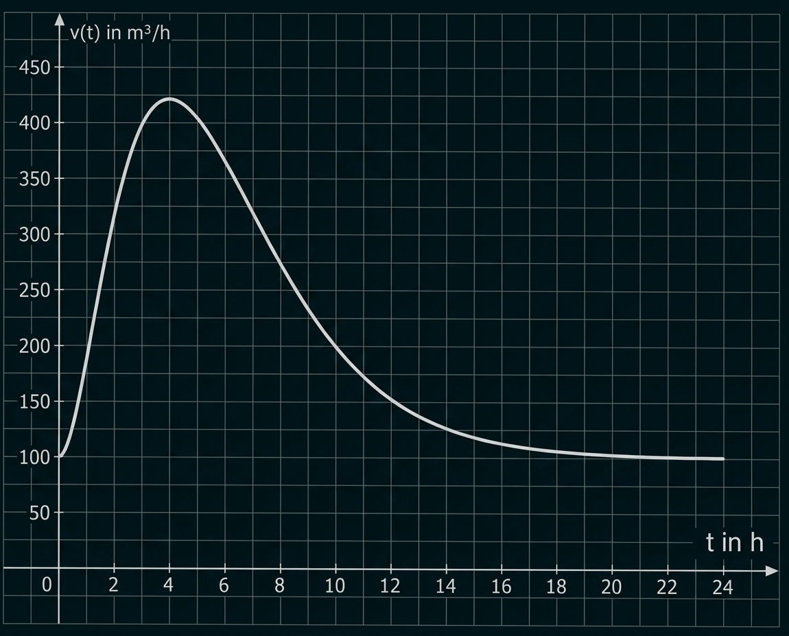 Liniendiagramm mit Verlauf von v(t) in m³/h über t in h.