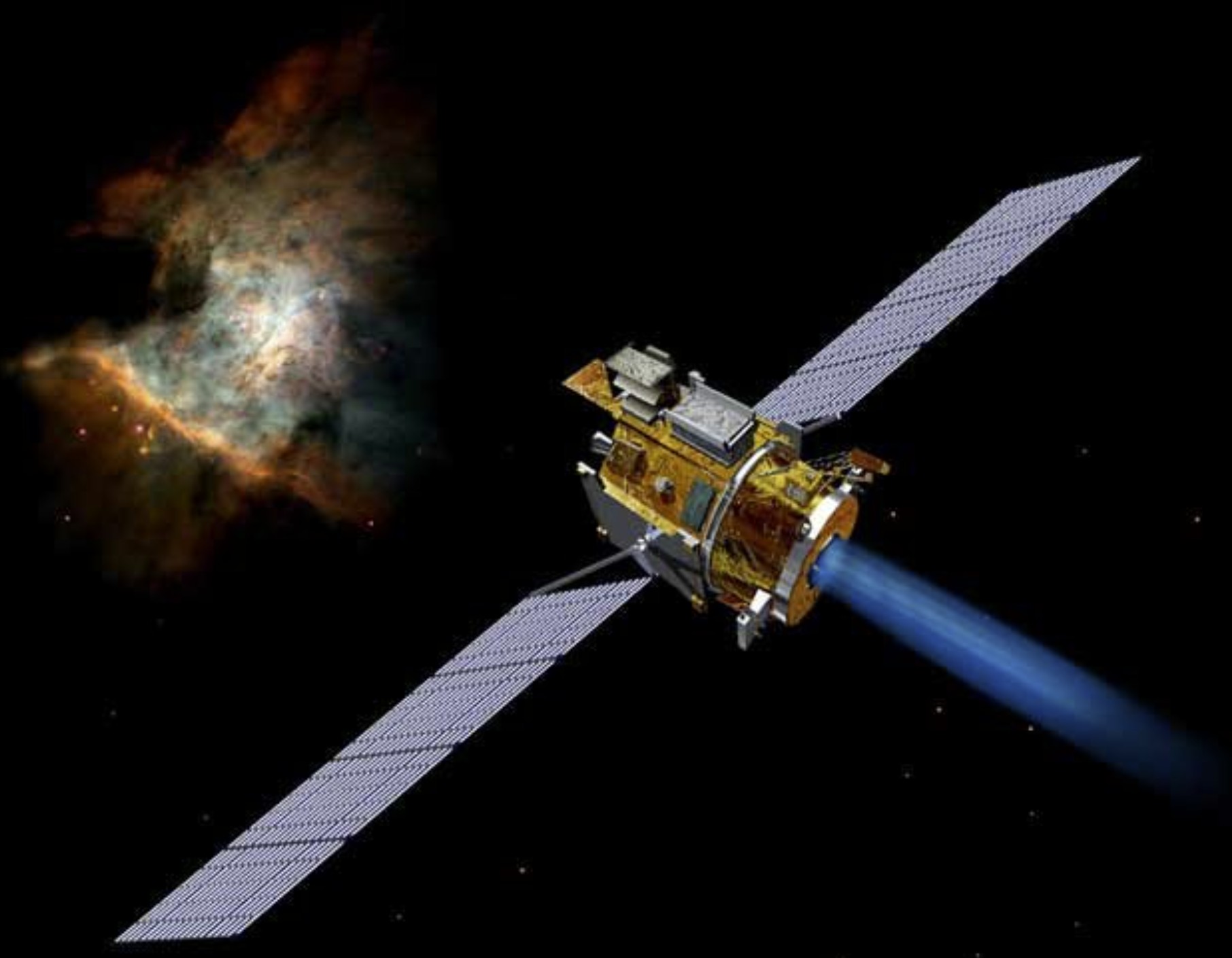 Satellit mit Solarpanelen und blauem Triebwerksstrahl vor dunklem Weltraum.