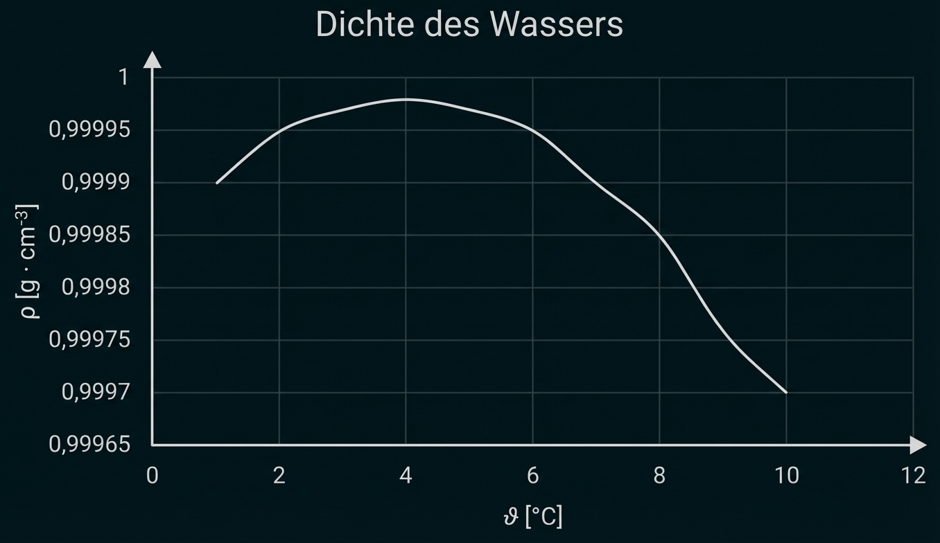 Diagramm: Dichte des Wassers in g·cm⁻³ gegen Temperatur °C, Peak bei ca. 4°C, danach fallend.