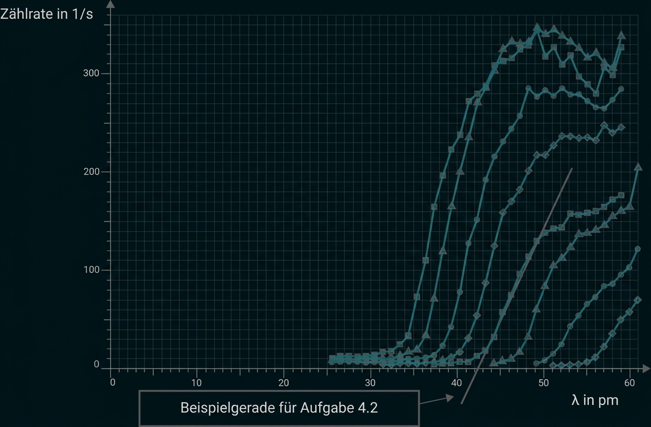 Diagramm mit mehreren Kurven: Zählrate (1/s) gegen λ (pm), starke Anstiege ab ~35–60 pm, Pfeil und Text 'Beispielgerade für Aufgabe 4.2'