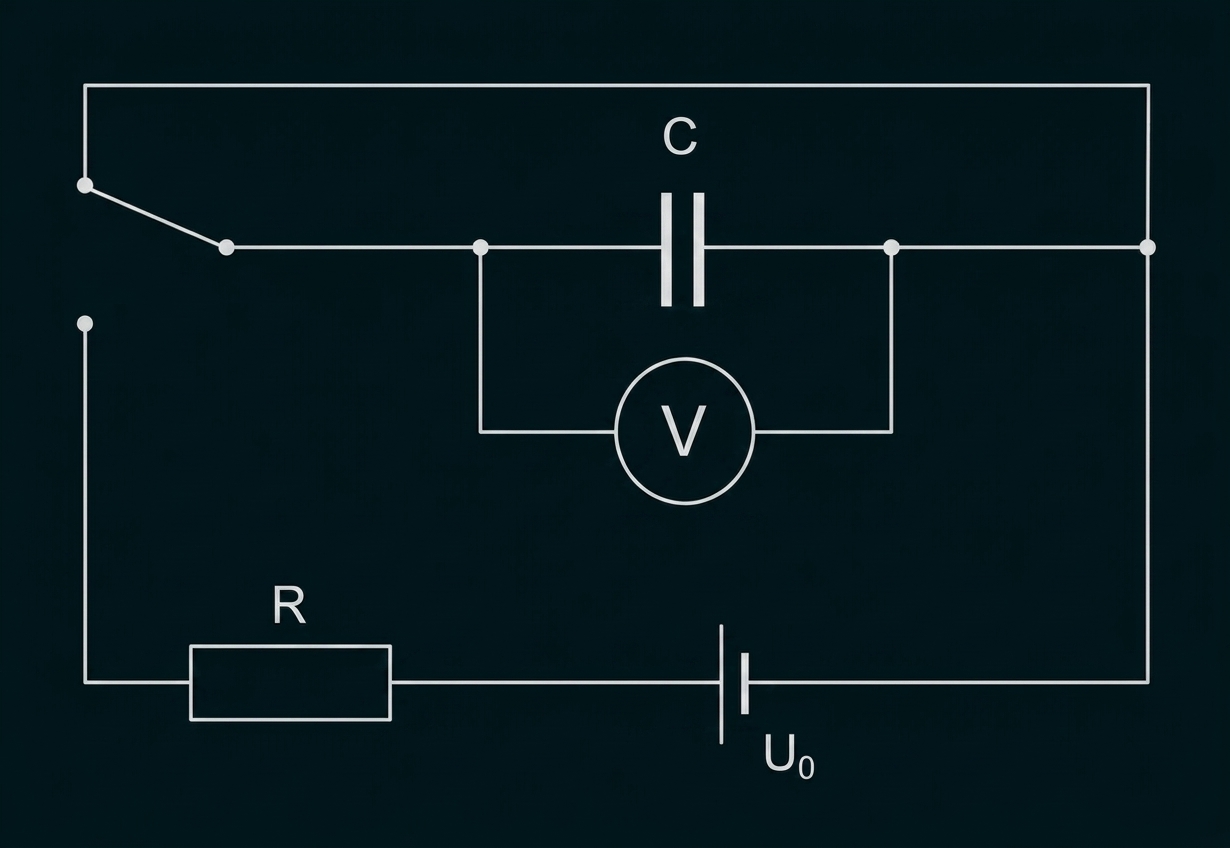 Einfacher Schaltplan mit Batterie U0, Widerstand R, Kondensator C und Voltmeter V