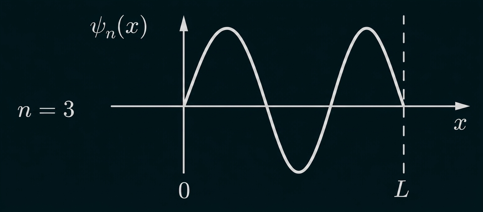 Grafik einer Wellenfunktion ψ_n(x) für n=3, sinusförmige Kurve über der x-Achse, Nullpunkt bei 0, gestrichelte vertikale Linie bei L.