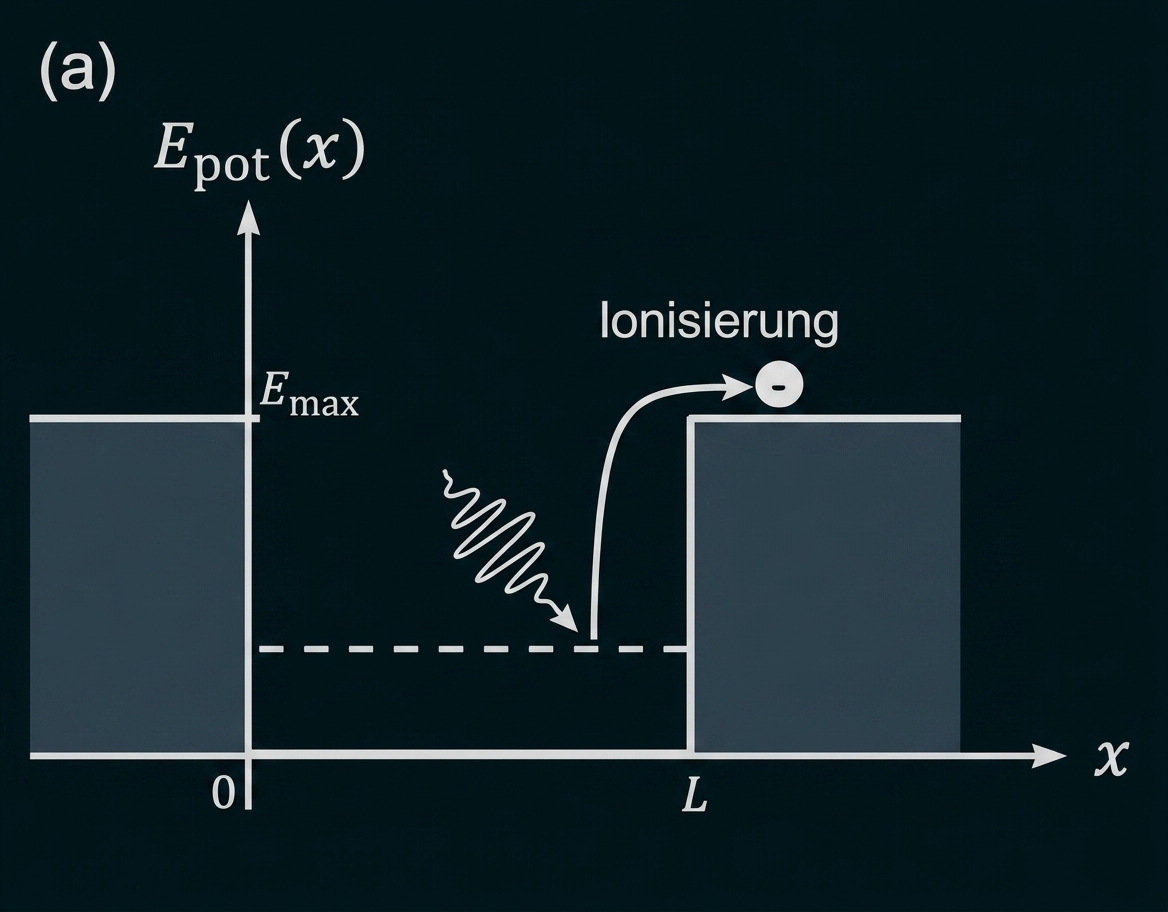 Diagramm zur Elektronenionisierung im Potenzialprofil mit Energiediagramm.