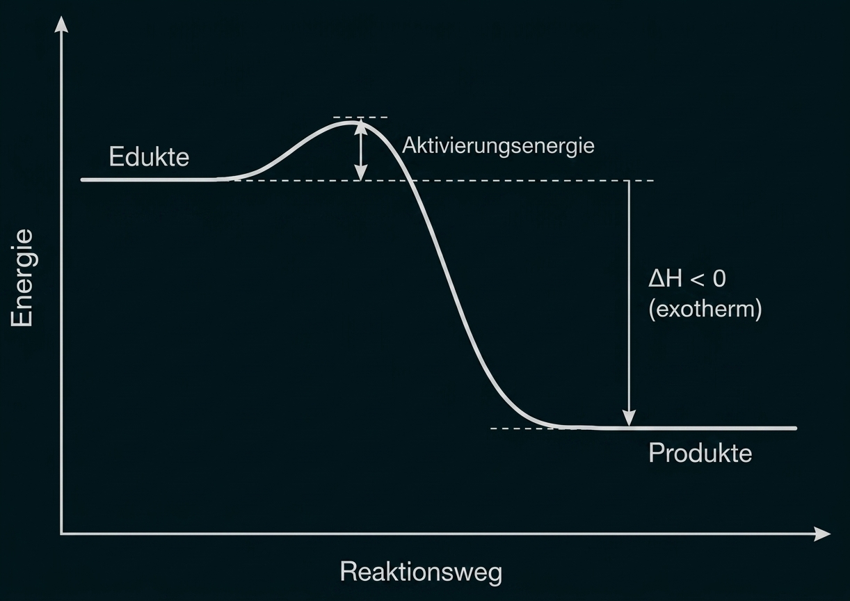 Energieprofil einer exothermen Reaktion mit Aktivierungsenergie; Edukte liegen höher als Produkte.