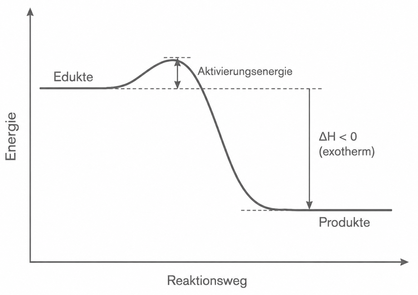 Energieprofil einer exothermen Reaktion mit Aktivierungsenergie; Edukte liegen höher als Produkte.