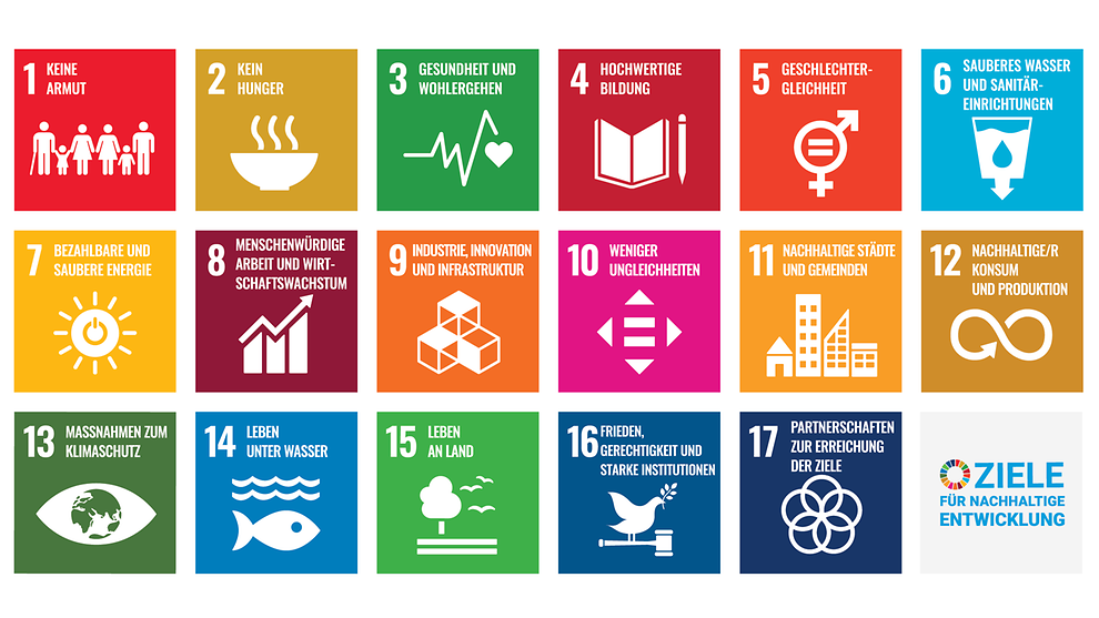 Bunte Quadrate mit Icons und deutschen Titeln der 17 UN-Nachhaltigkeitsziele