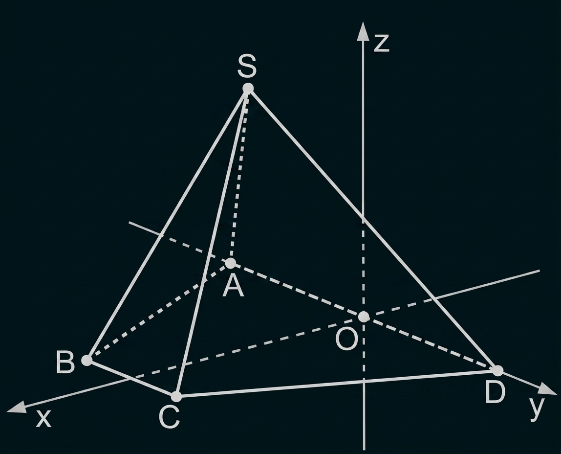 Geometrische Skizze einer Pyramide mit Punkten S, B, C, D, A, O und den Koordinatenachsen x, y, z.