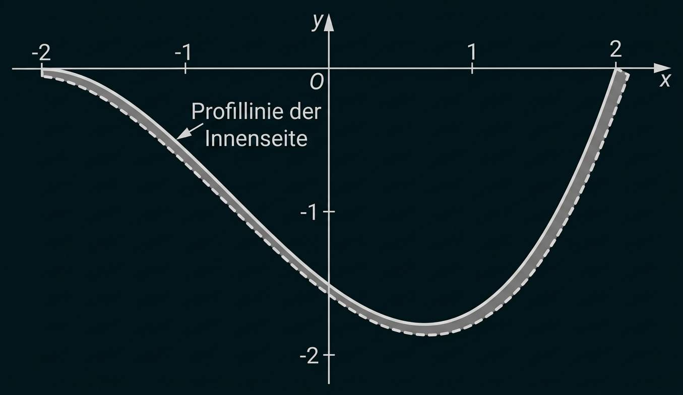 Koordinatensystem mit U-förmiger Profillinie der Innenseite und gestrichelter Vergleichslinie.
