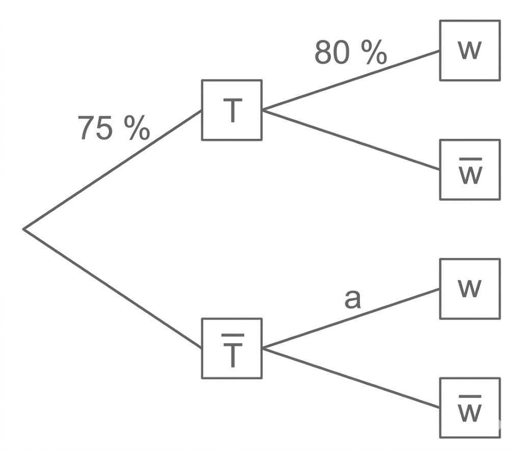 Wahrscheinlichkeitsbaum mit Ereignissen T und T̅, Verzweigungen zu W und W̅, Beschriftungen 75% und 80%.