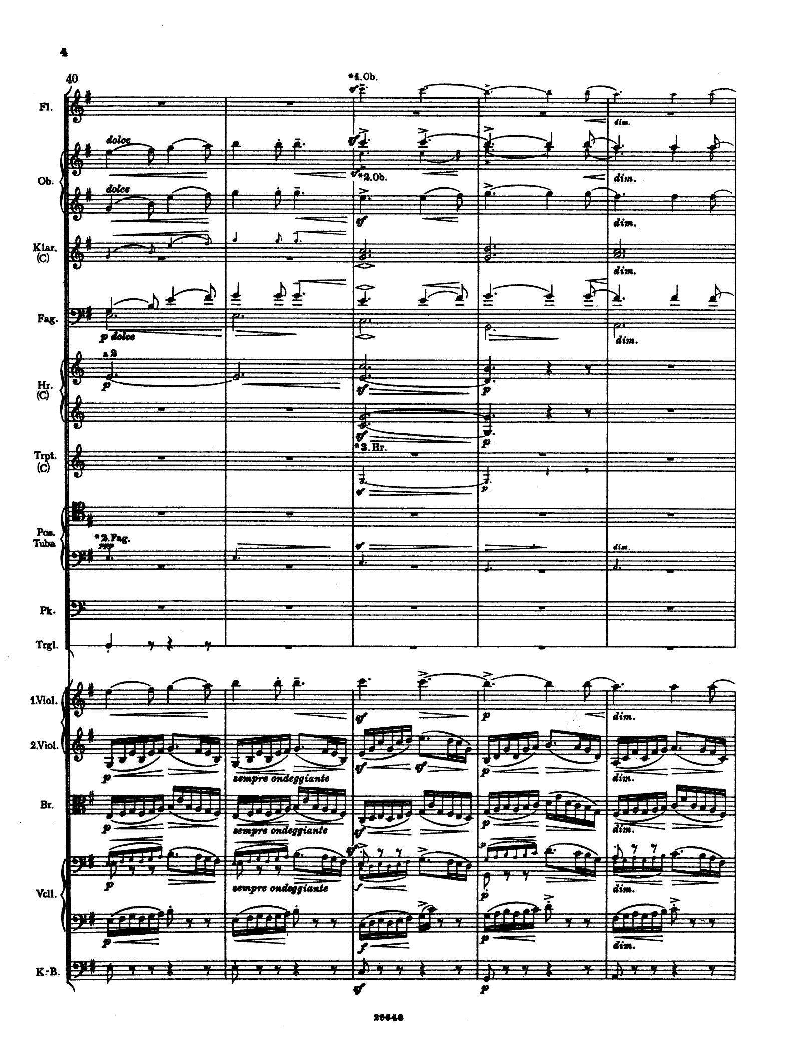 Notenblatt für Orchesterpartitur mit verschiedenen Instrumenten.