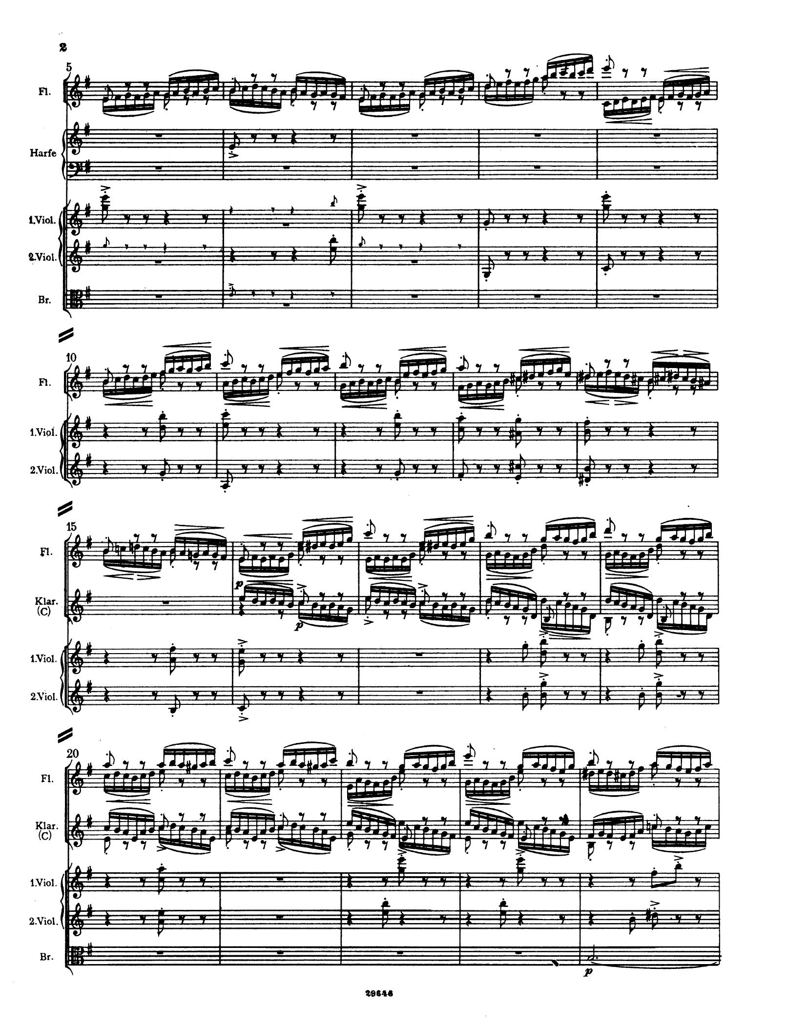 Notenblatt eines Orchesters mit Flöte, Harfe, Klarinette und Streichern
