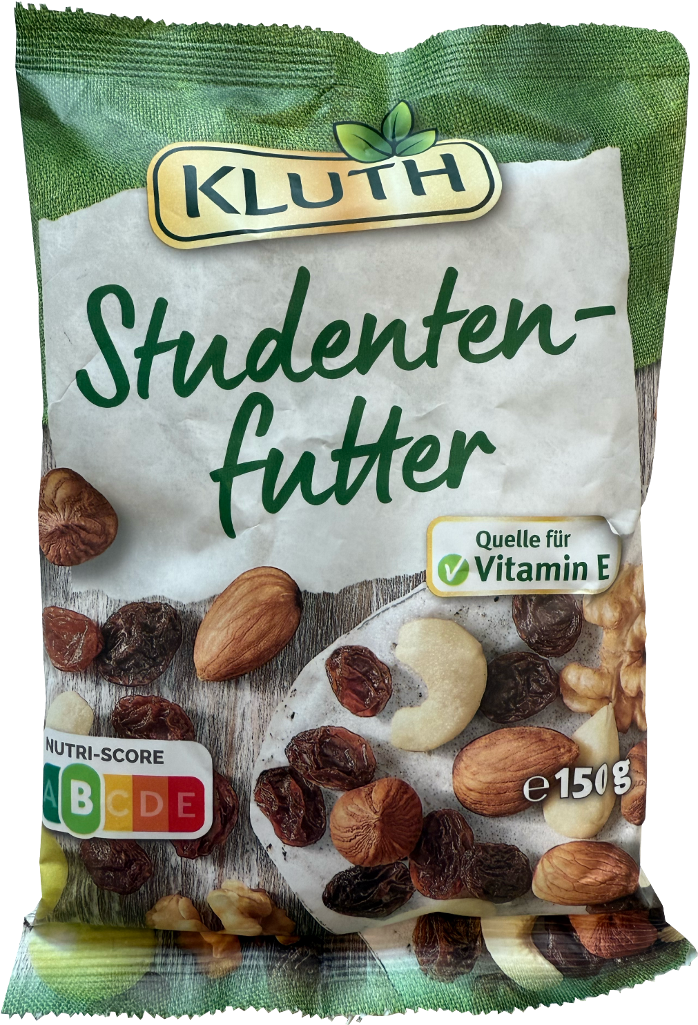 Tüte mit Studentenfutter von Kluth, enthält Nüsse und Trockenfrüchte, 150 g, Quelle für Vitamin E.