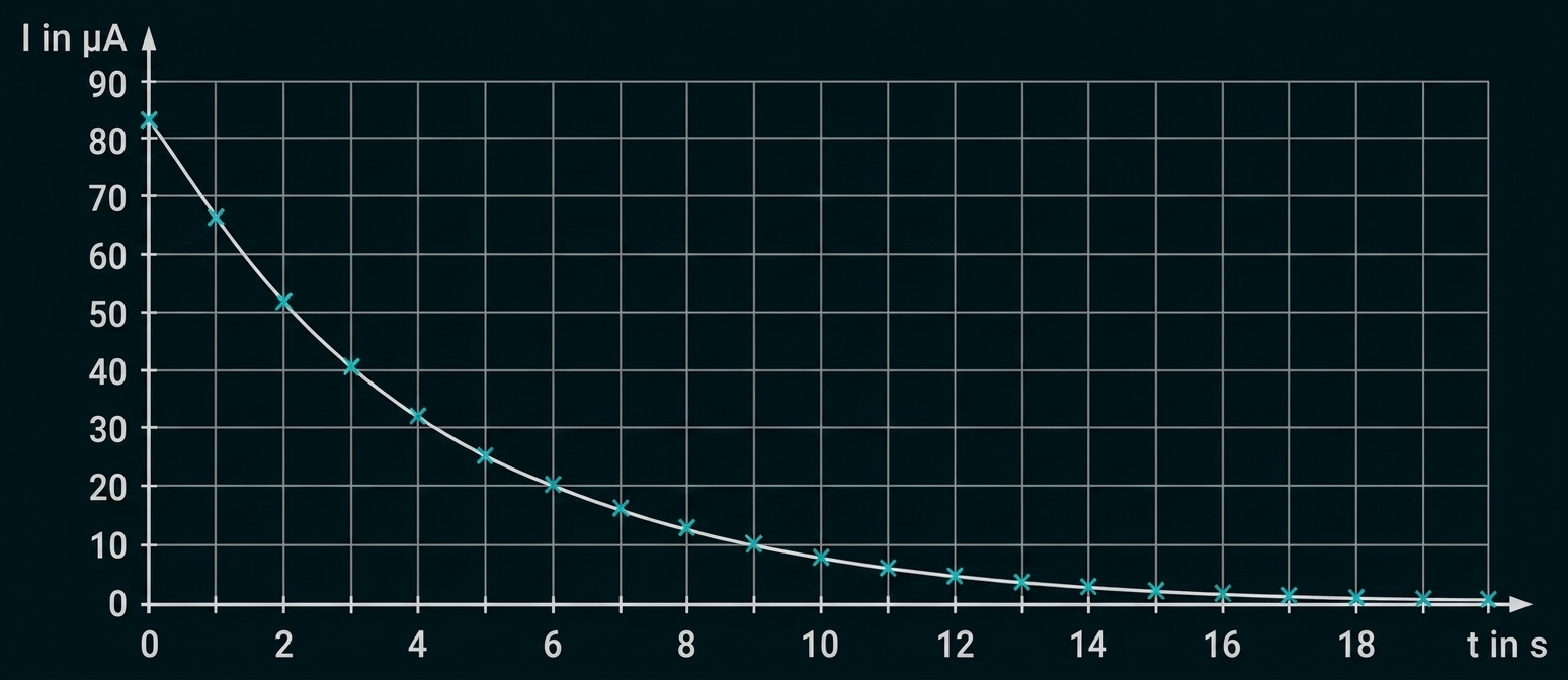 Grafik: Strom I (µA) fällt über Zeit t (s) von ~85 µA bei 0s auf nahe 0 bei 20s, Datenpunkte und Kurve.