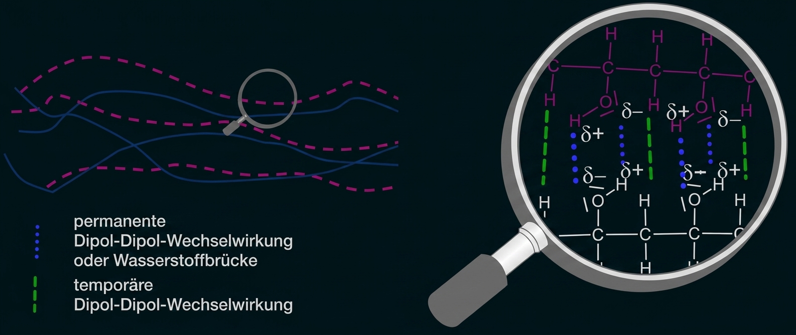 Schematische Darstellung von Dipol-Dipol-Wechselwirkungen in einem Molekül mit Lupe und Markierungen.