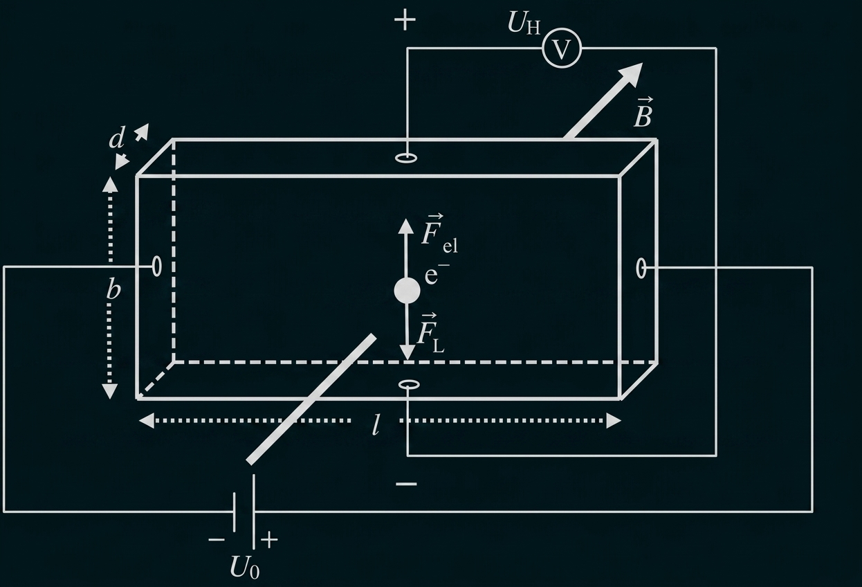 Schematische Zeichnung eines rechteckigen Leiters mit Magnetfeld, Hall-Spannung, Batterie und eingezeichneten Kräften.