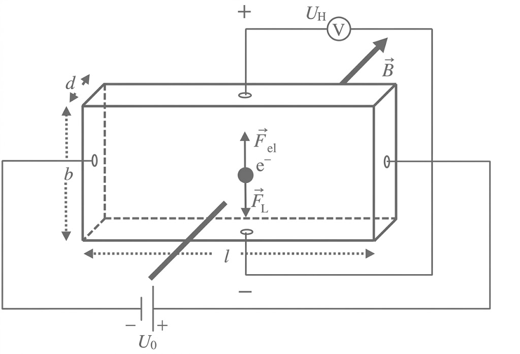 Schematische Zeichnung eines rechteckigen Leiters mit Magnetfeld, Hall-Spannung, Batterie und eingezeichneten Kräften.