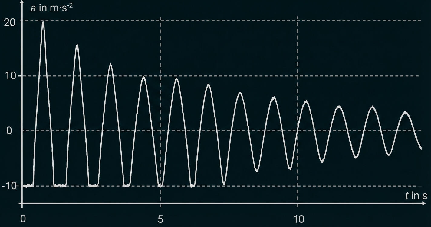 Diagramm: gedämpfte Schwingung der Beschleunigung a (m·s⁻²) über die Zeit t (s)