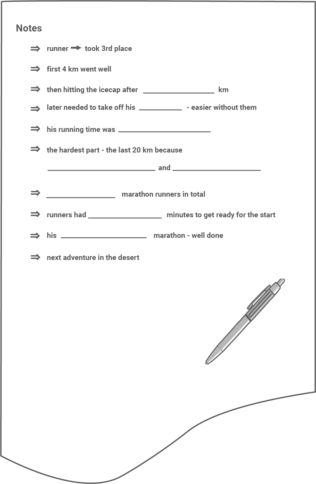 Notizen zu einem Marathonlauf mit Platzierung, Herausforderungen und Vorbereitungen. Stift auf weißem Hintergrund.