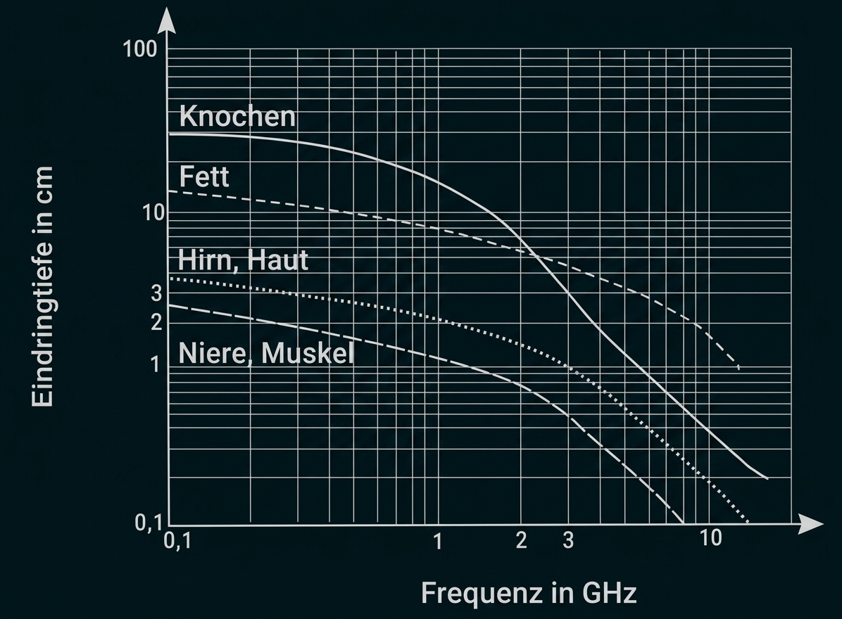 Diagramm: Eindringtiefe in cm gegen Frequenz in GHz mit Kurven für Knochen, Fett, Hirn/Haut und Niere/Muskel.