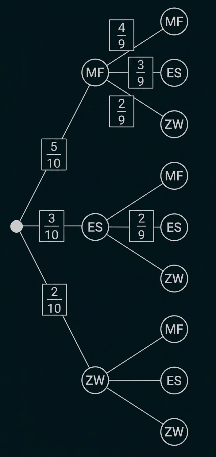 Baumdiagramm mit Verzweigungen, Kästchen mit Brüchen (z.B. 4/9, 3/9, 5/10) und Kreisen mit Abkürzungen MF, ES, ZW.