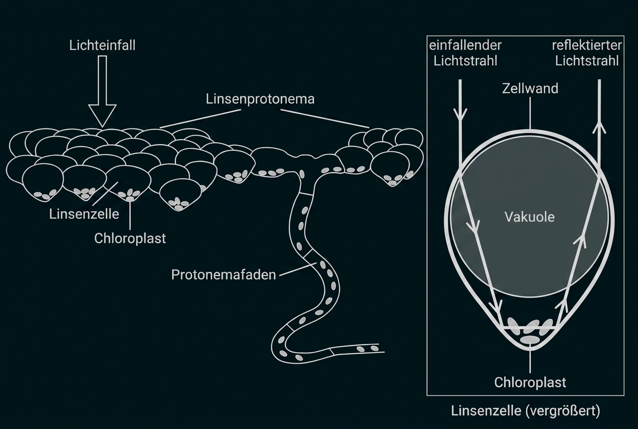 Diagramm von Linsenzellen eines Mooses mit Protonemafaden und vergrößerter Linsenzelle mit Vakuole, Chloroplasten und Lichtstrahlen.