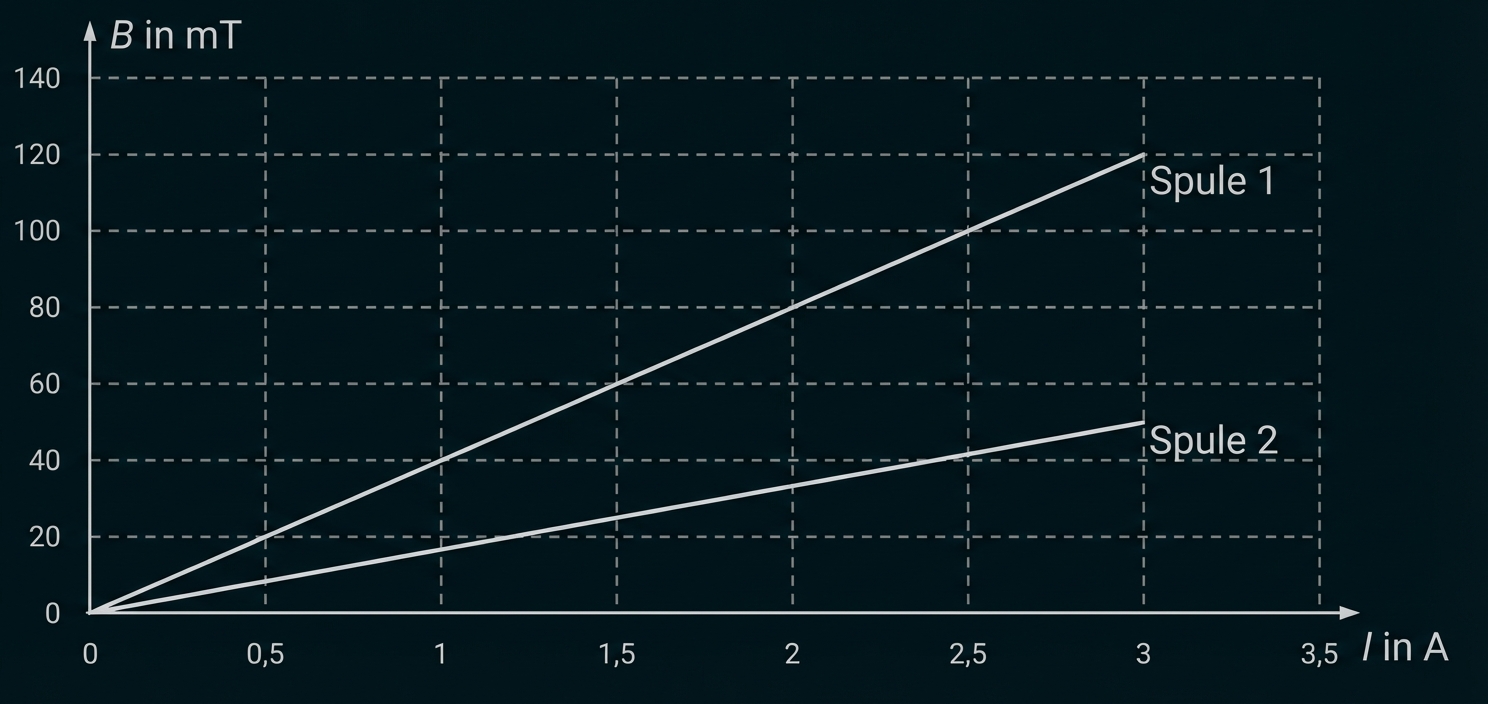 Diagramm: Magnetfeldstärke B in mT gegen Strom I in A, zwei lineare Kurven (Spule 1 steiler, Spule 2 flacher)