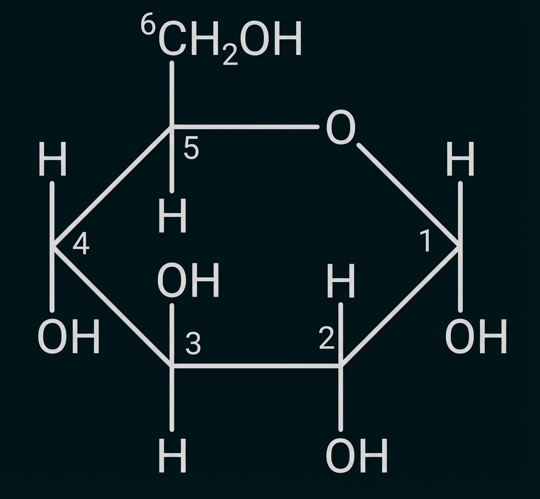 Haworth-Projektion eines Glukose-Sechsrings mit OH- und H-Gruppen, nummerierte Kohlenstoffatome