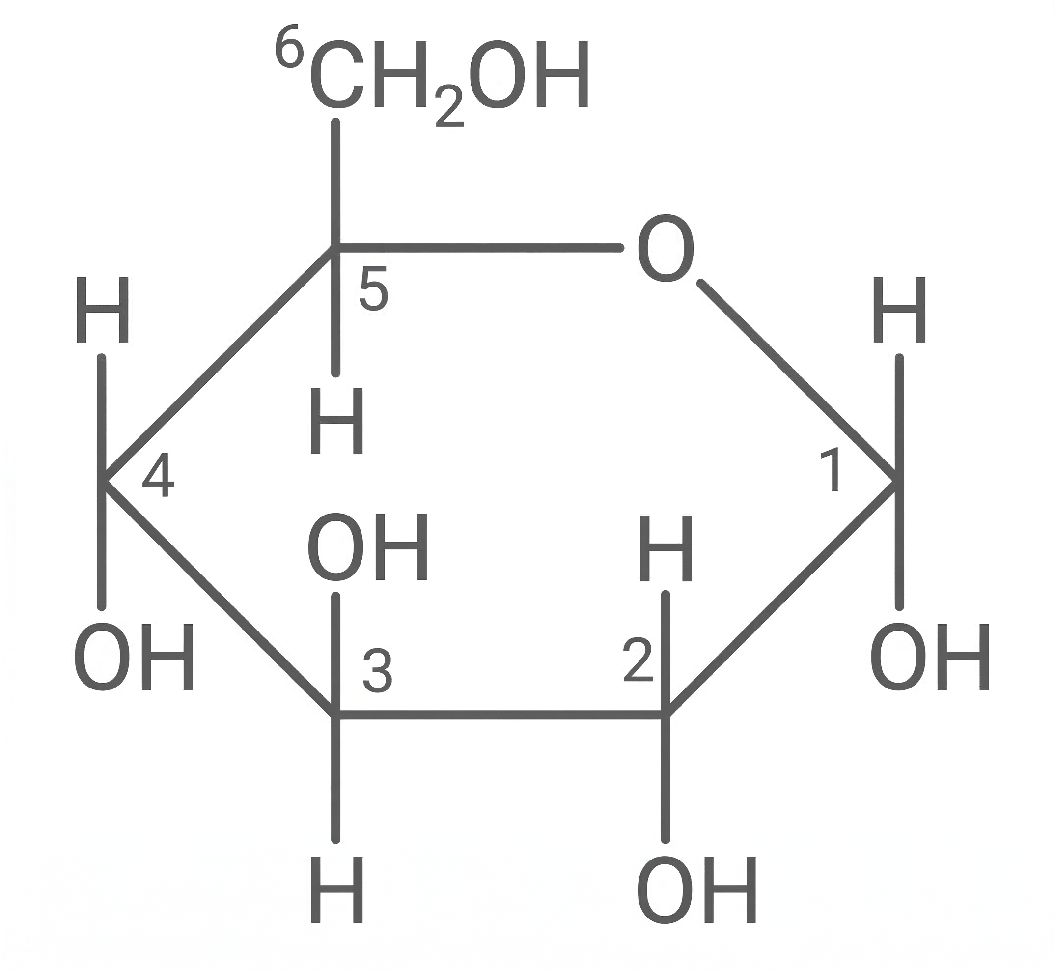 Haworth-Projektion eines Glukose-Sechsrings mit OH- und H-Gruppen, nummerierte Kohlenstoffatome