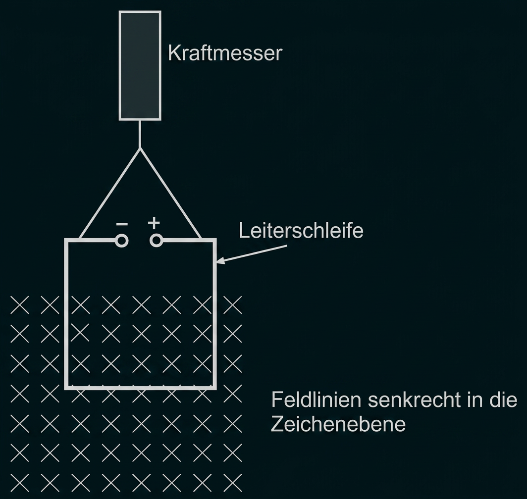 Quadratische Leiterschleife mit Anschlüssen (Minus- und Pluspol), die an einem Kraftmesser hängt. Der untere Teil der Leiterschleife befindet sich in einem homogenen Magnetfeld, dessen Feldlinien senkrecht in die Zeichenebene zeigen (Kreuze).